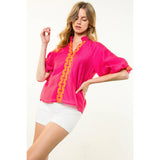 Embroidered Half Sleeve Textured Top- Magenta