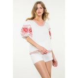 Embroidered Puff Sleeve Top- Red/White