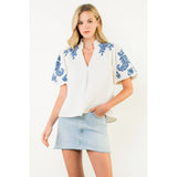 Cornflower Blue Embroidered Puff Sleeve Top