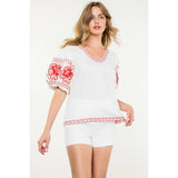 Embroidered Puff Sleeve Top- Red/White
