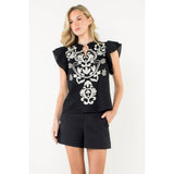 Flutter Sleeve Embroidered Textured Top