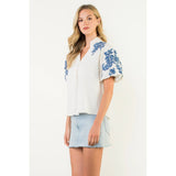 Cornflower Blue Embroidered Puff Sleeve Top
