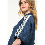 Embroidered Half Sleeve Textured Top- Magenta