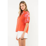 Embroidered Puff Sleeve V-Neck Top