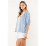 Embroidered Puff Sleeve Stripe Top