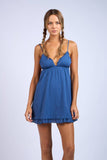 SOLID SWEETHEART NECK RUFFLE TRIM MINI DRESS