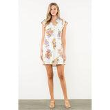 Floral Flutter Sleeve Dress w Pom Trim