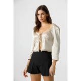 Long Sleeve Silky Blouse w Lace Trim- Champagne