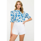 Flower Print Smocked Sleeve Peplum Top