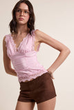 Scallop Floral Cami Top w Wide Lace Strap - Baby Pink