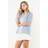 Embroidered Puff Sleeve Stripe Top