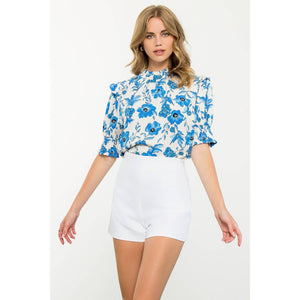 Flower Print Smocked Sleeve Peplum Top