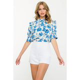 Flower Print Smocked Sleeve Peplum Top