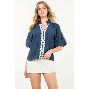 Embroidered Half Sleeve Textured Top- Navy