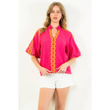 Embroidered Half Sleeve Textured Top- Magenta