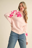 Mock Neck Sweater w Floral Shoulder and Sleeve