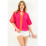Embroidered Half Sleeve Textured Top- Magenta