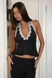 Polka Dot Lace Trim Halter Top- Brown