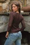 Crochet Scalloped V-Neckline Cardigan- Brown