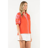 Embroidered Puff Sleeve V-Neck Top