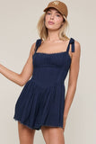 Tie Strap Smocked Lace Trim Mini Romper