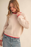 Puff Sleeve Sweater w Contrast Stitching- Almond Red