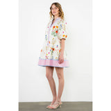 Puff Sleeve Striped Trim Floral Dress