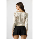 Long Sleeve Silky Blouse w Lace Trim- Champagne