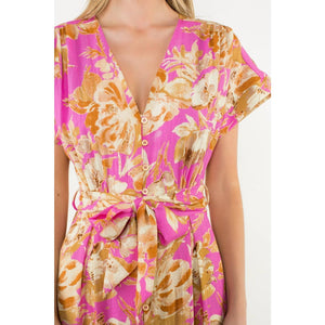 Belted V-Neck Floral Button Dress