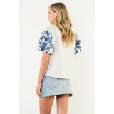 Cornflower Blue Embroidered Puff Sleeve Top